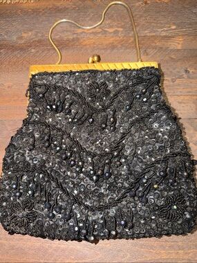 Elegant black beaded vintage 1960s DENA of Dallas clutch handbag gold hardware